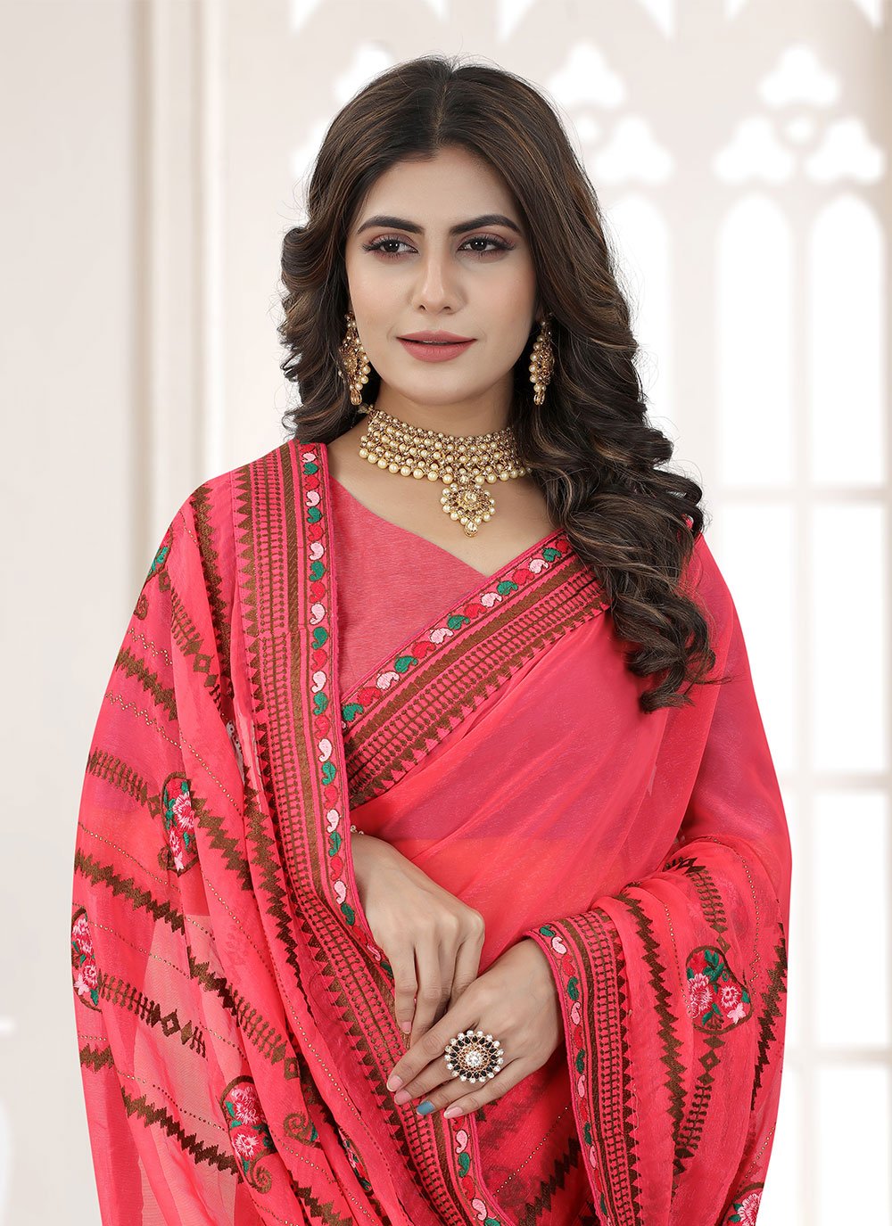 Trendy Saree Shimmer Silk Pink Embroidered Saree