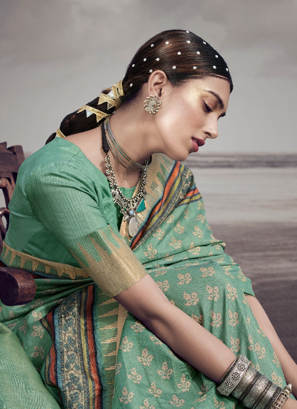 Trendy Saree Silk Sea Green Digital Print Saree