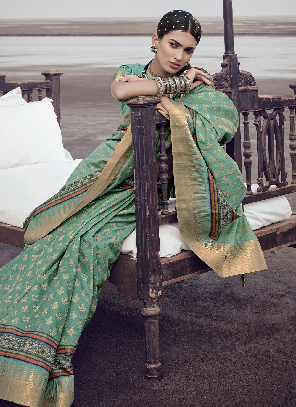 Trendy Saree Silk Sea Green Digital Print Saree