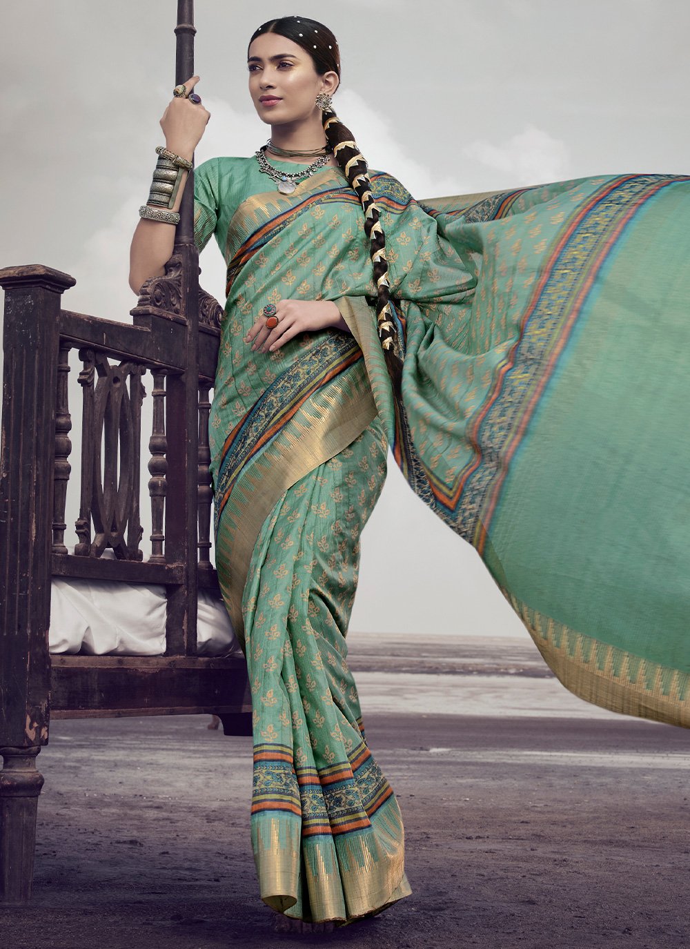 Trendy Saree Silk Sea Green Digital Print Saree