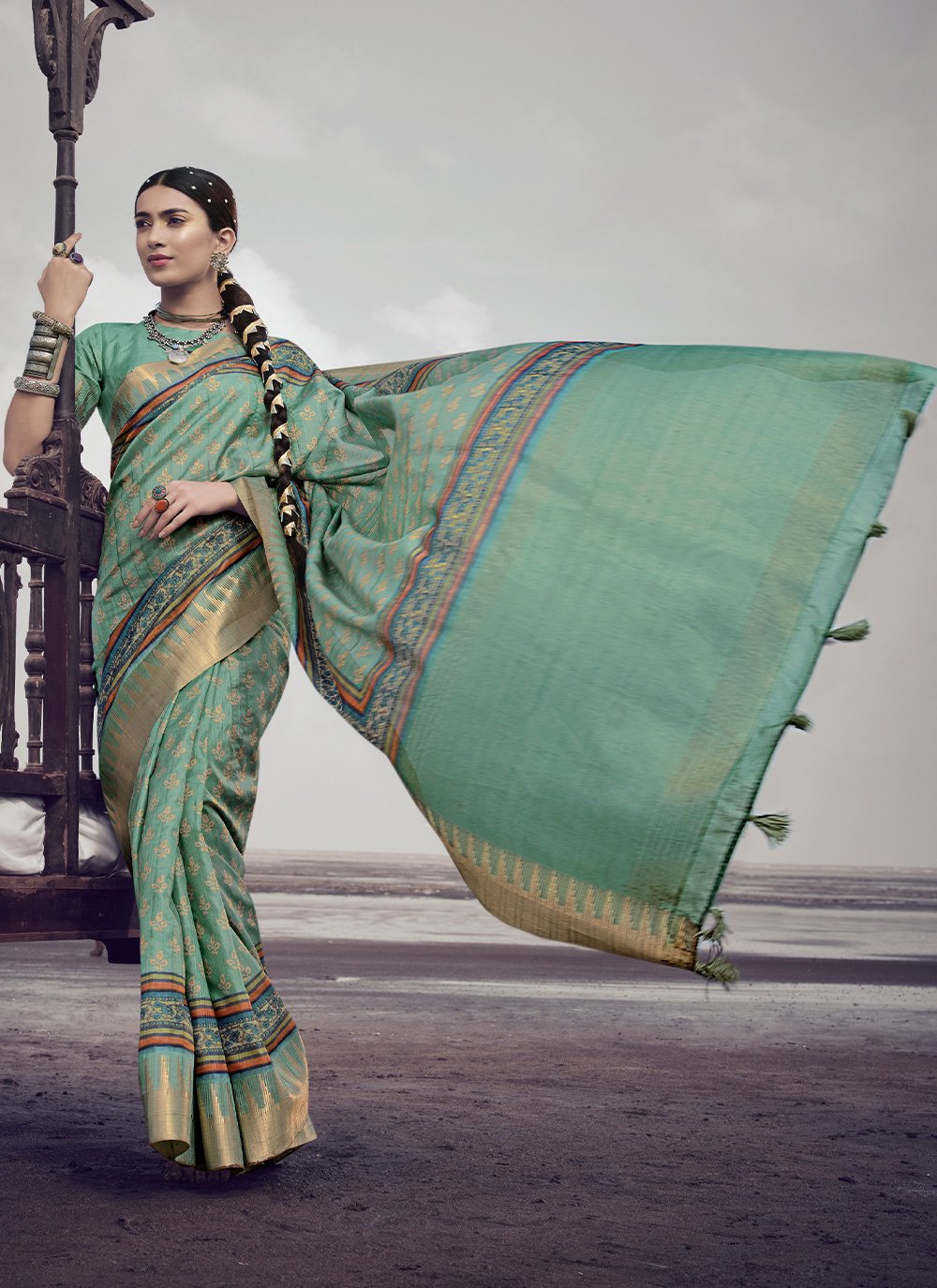 Trendy Saree Silk Sea Green Digital Print Saree