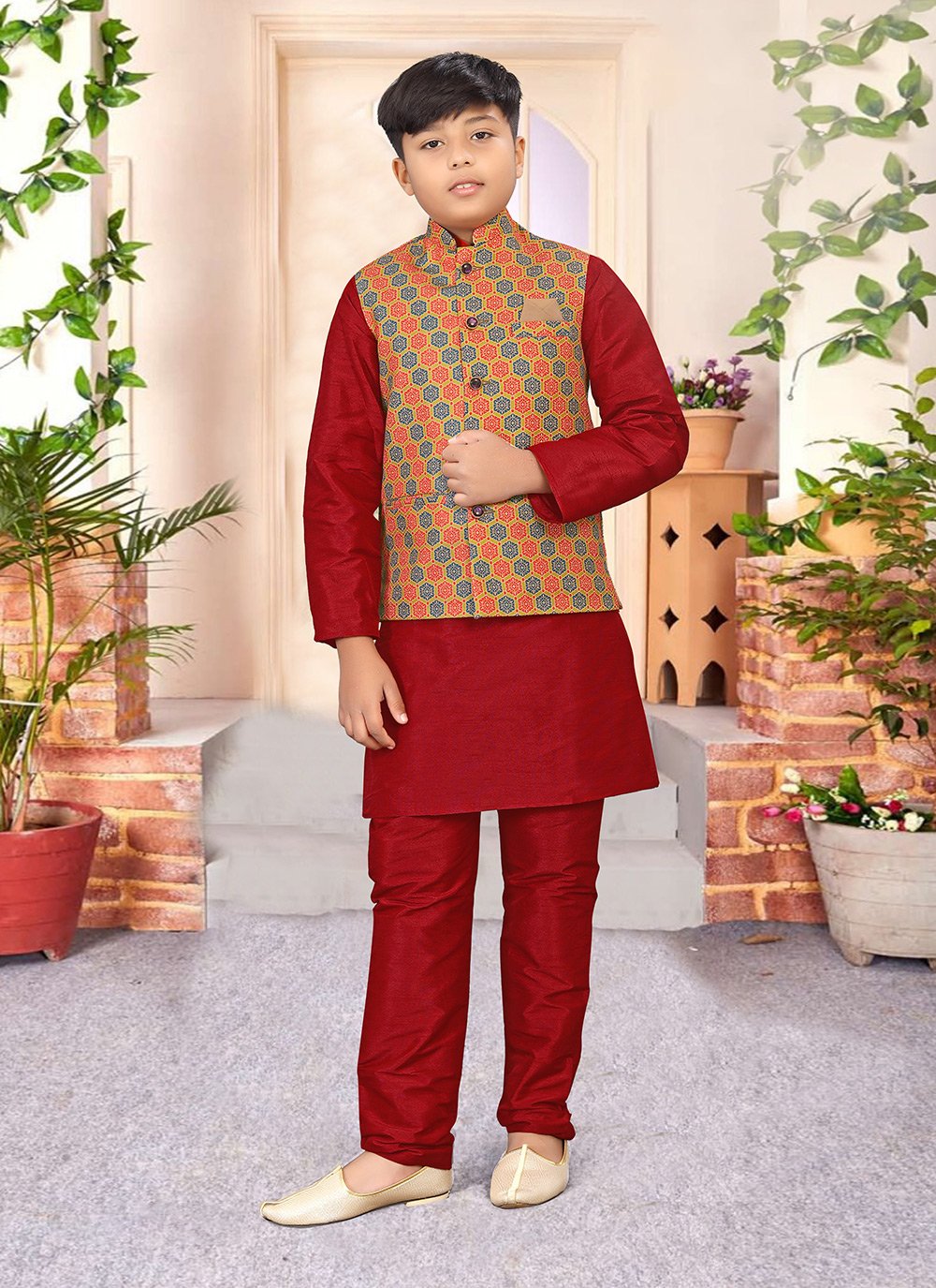 Kurta Payjama With Jacket Jute Silk Multi Colour Red Digital Print Kids