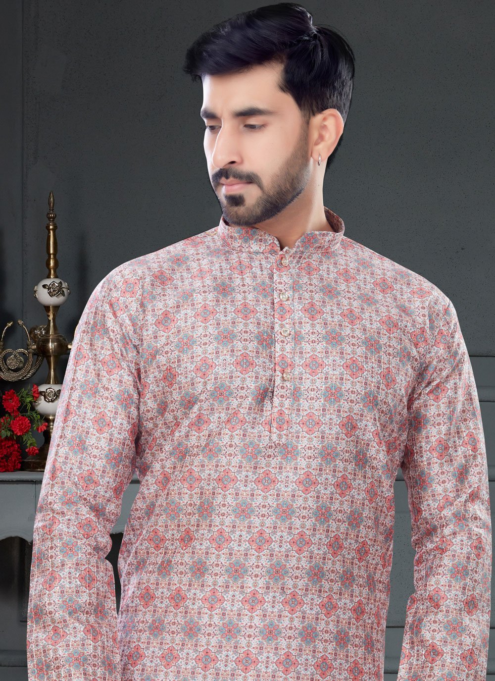 Kurta Pyjama Silk Multi Colour Digital Print Mens