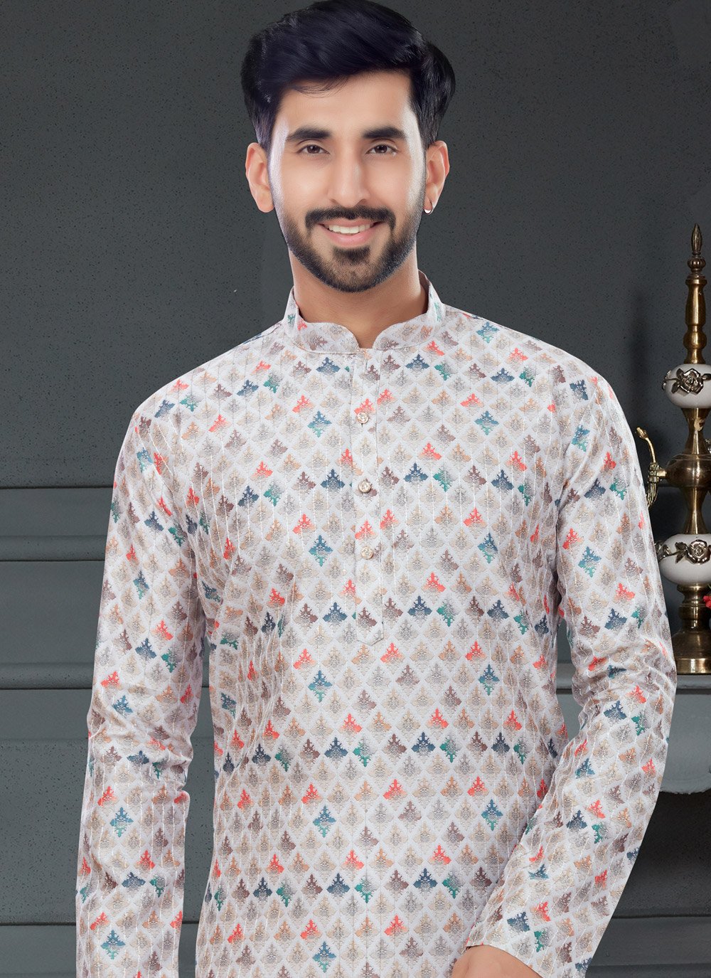 Kurta Pyjama Silk Multi Colour Digital Print Mens