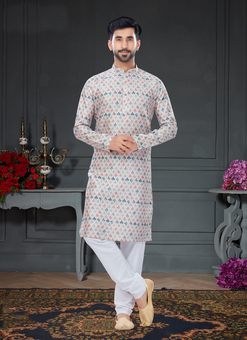 Kurta Pyjama Silk Multi Colour Digital Print Mens