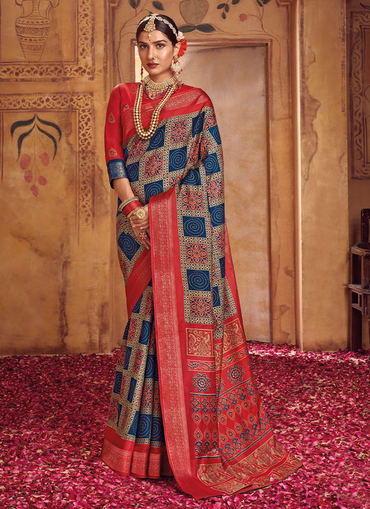 Contemporary Silk Multi Colour Foil Print Saree