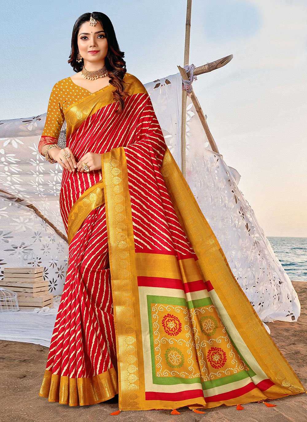 Trendy Saree Silk Mustard Red Patch Border Saree