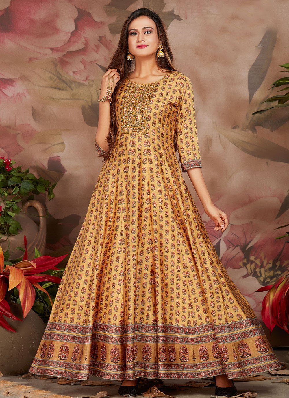 Gown Silk Mustard Digital Print Gown