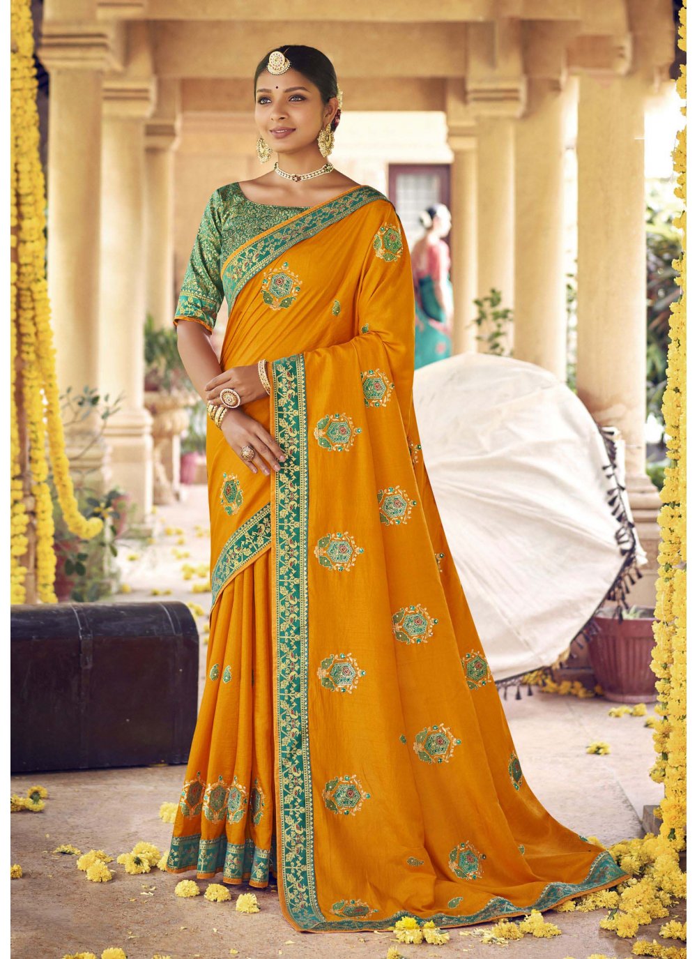 Classic Silk Mustard Embroidered Saree