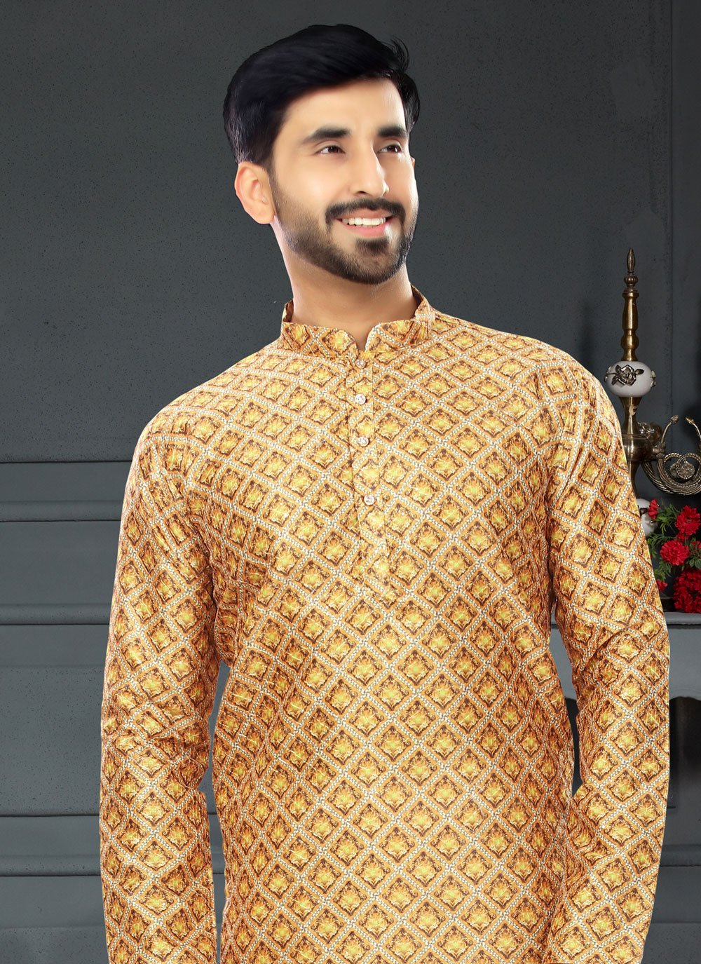 Kurta Pyjama Silk Mustard Digital Print Mens