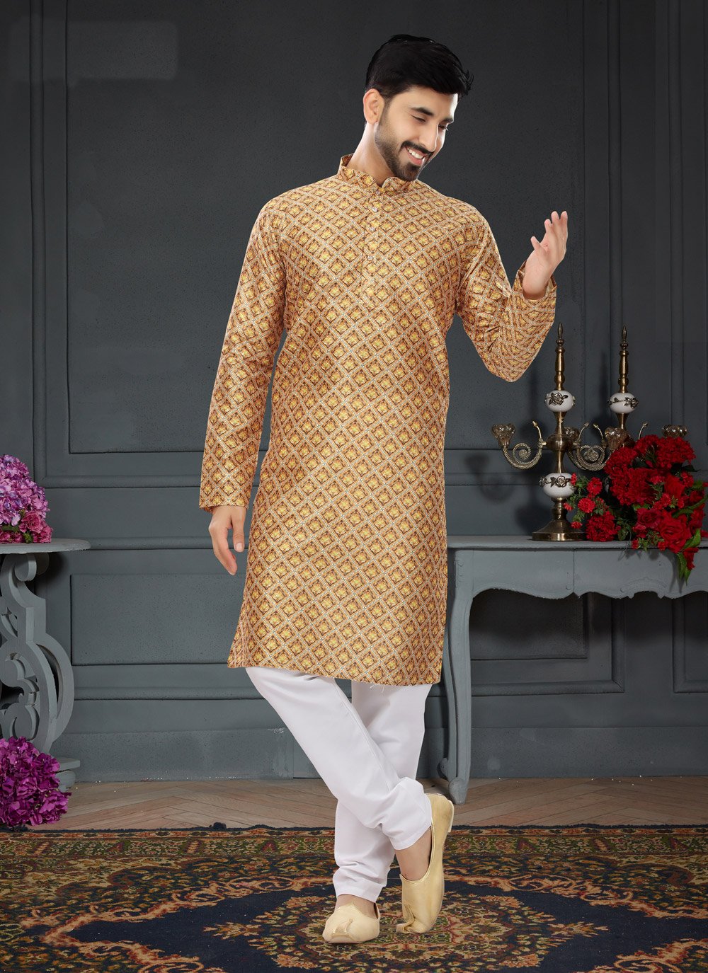 Kurta Pyjama Silk Mustard Digital Print Mens