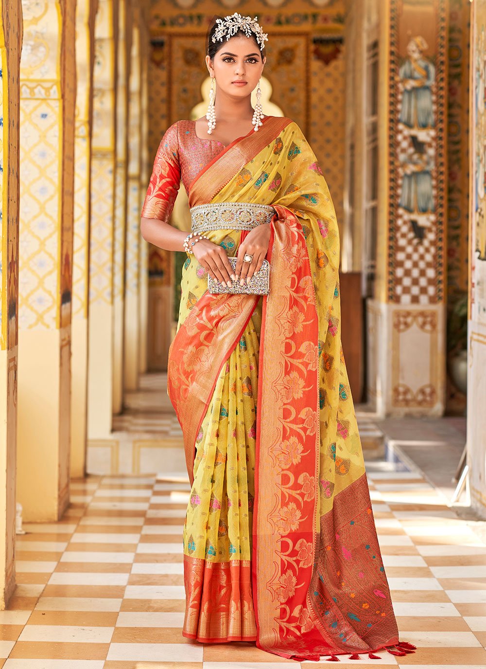 Classic Silk Tissue Mustard Weaving Saree