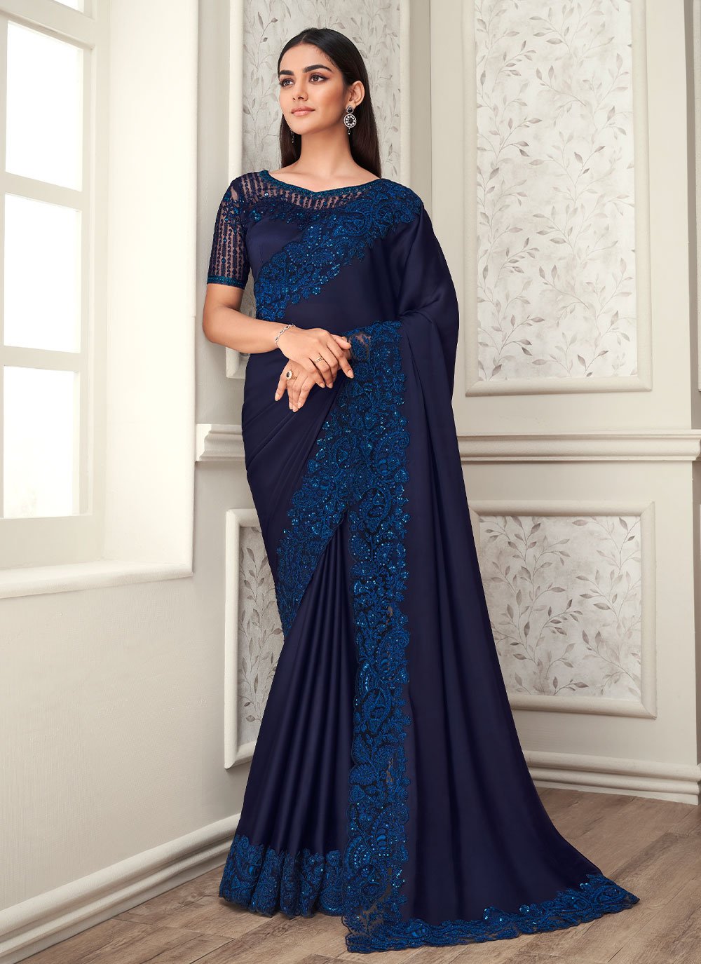 Trendy Saree Silk Blue Embroidered Saree