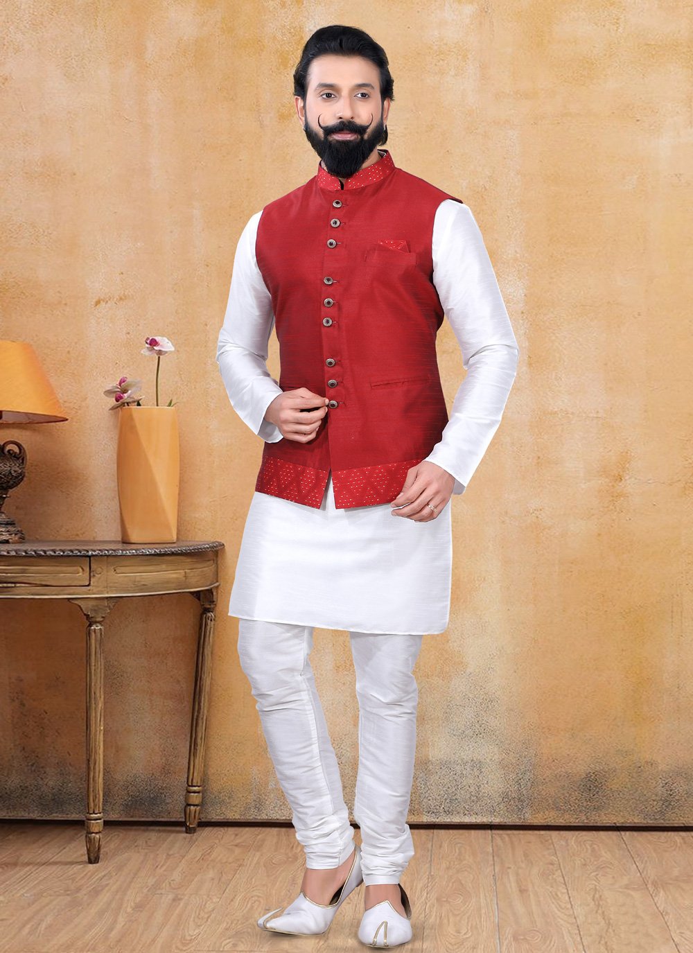 Nehru Jackets Silk Red Fancy Work Mens