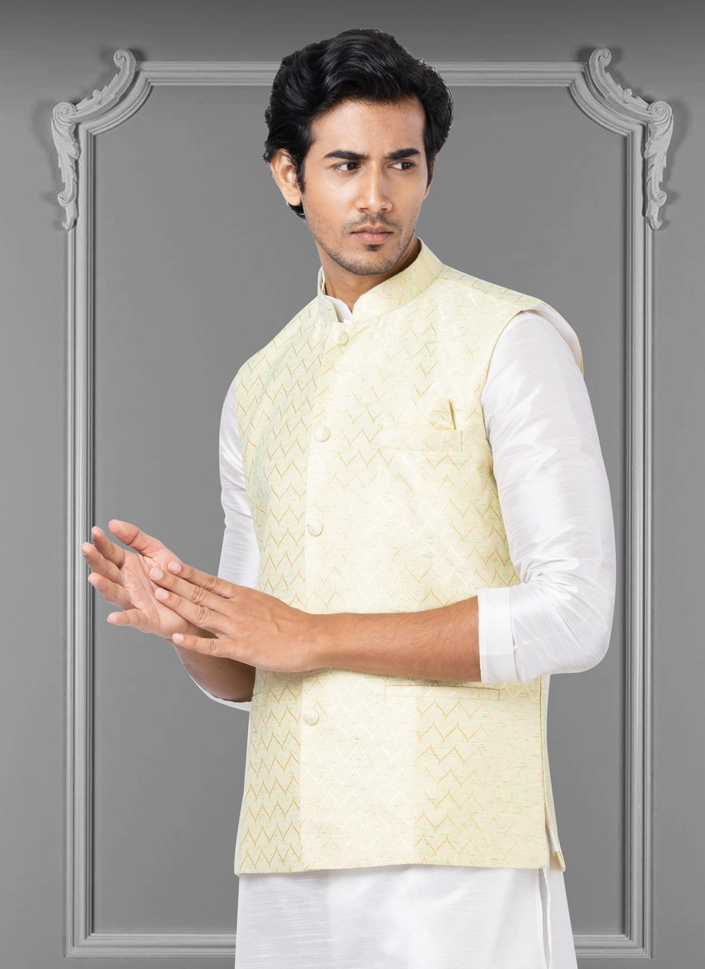 Nehru Jackets Linen Silk Yellow Embroidered Mens