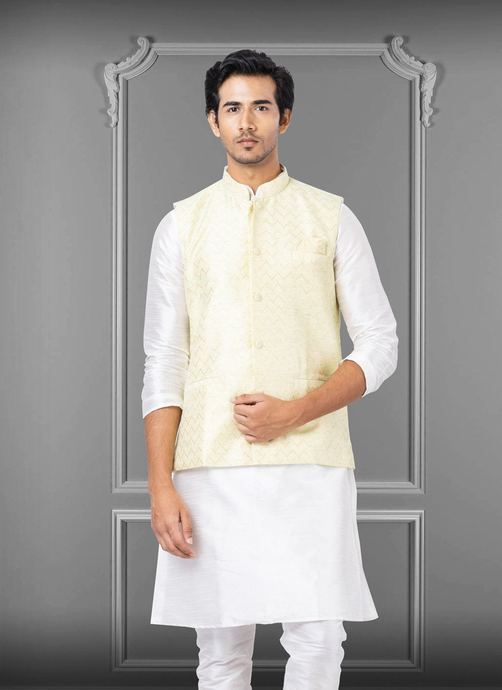 Nehru Jackets Linen Silk Yellow Embroidered Mens