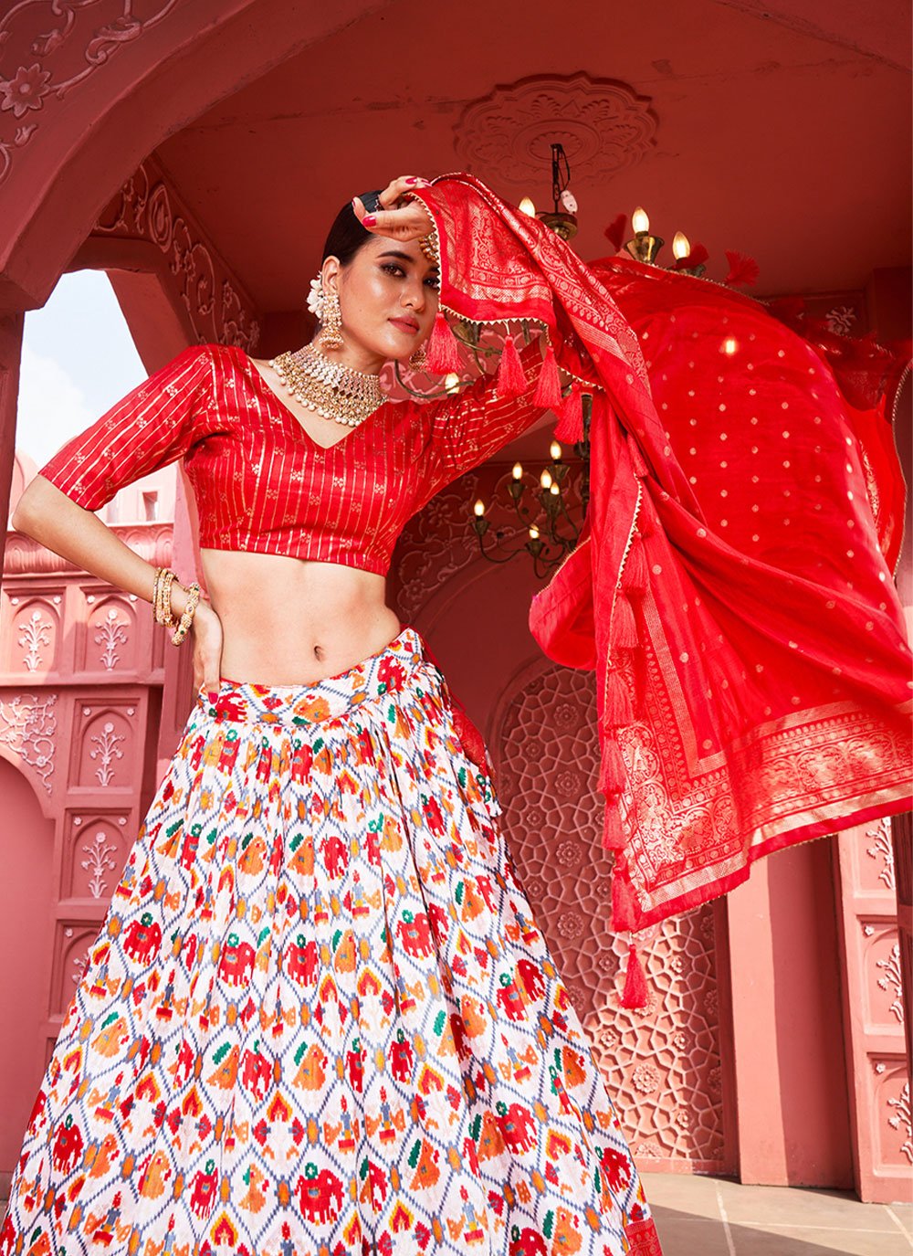 A Line Lehenga Silk Off White Red Foil Print Lehenga Choli