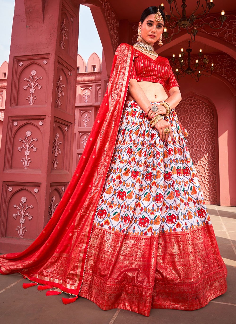 A Line Lehenga Silk Off White Red Foil Print Lehenga Choli