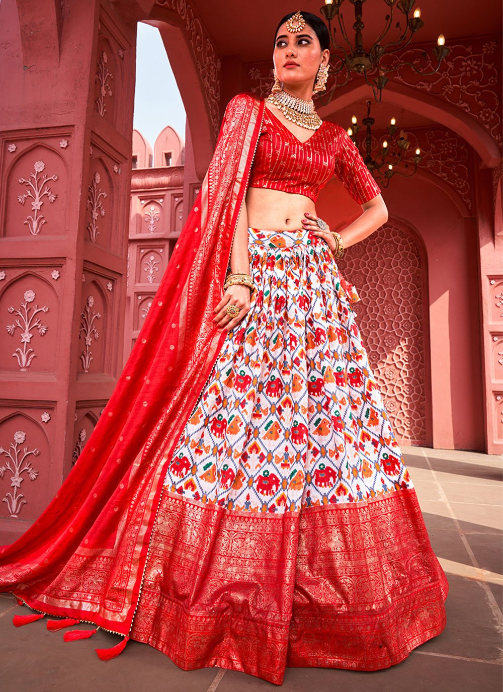 A Line Lehenga Silk Off White Red Foil Print Lehenga Choli