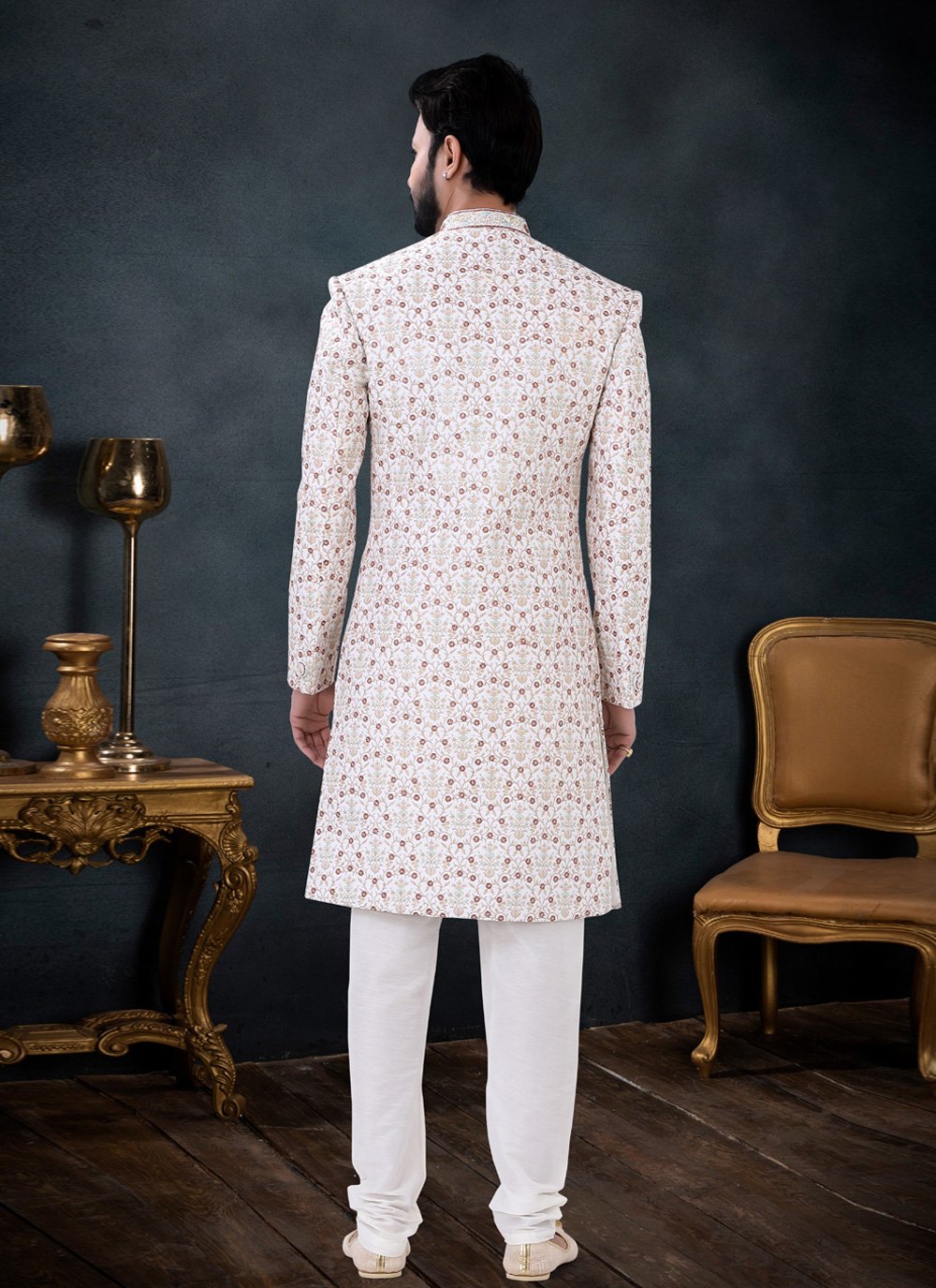 Indo Western Sherwani Silk Off White Embroidered Mens