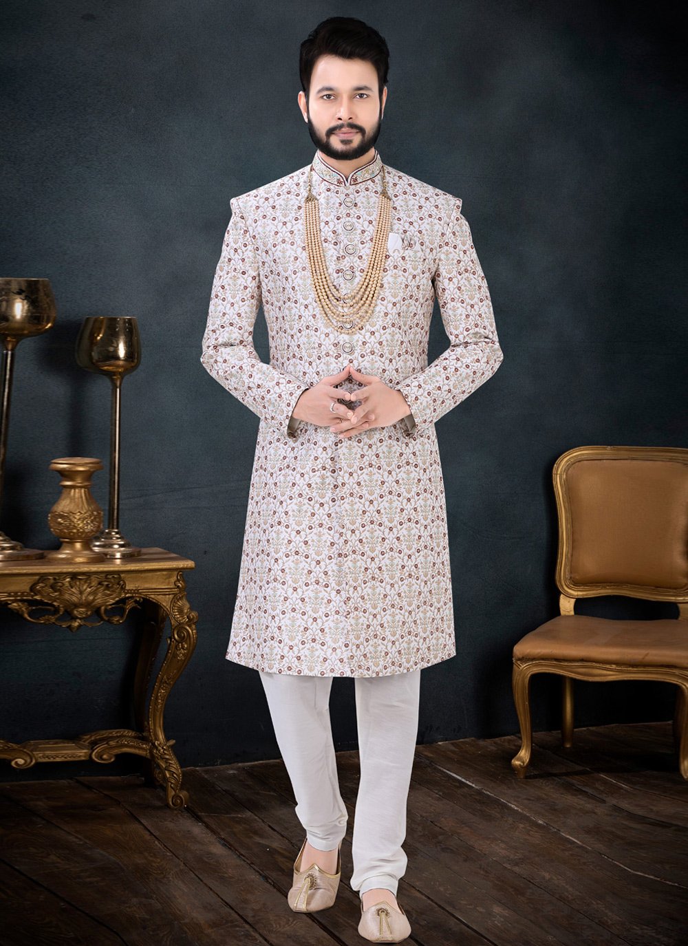 Indo Western Sherwani Silk Off White Embroidered Mens