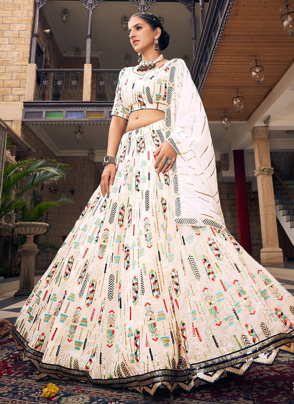 Readymade Lehenga Choli Silk Off White Embroidered Lehenga Choli