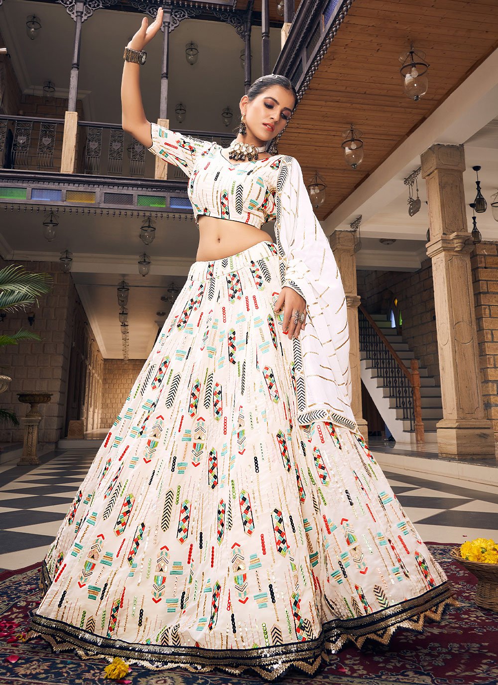 Readymade Lehenga Choli Silk Off White Embroidered Lehenga Choli