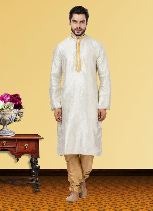 Kurta Pyjama Linen Silk Off White Foil Print Mens