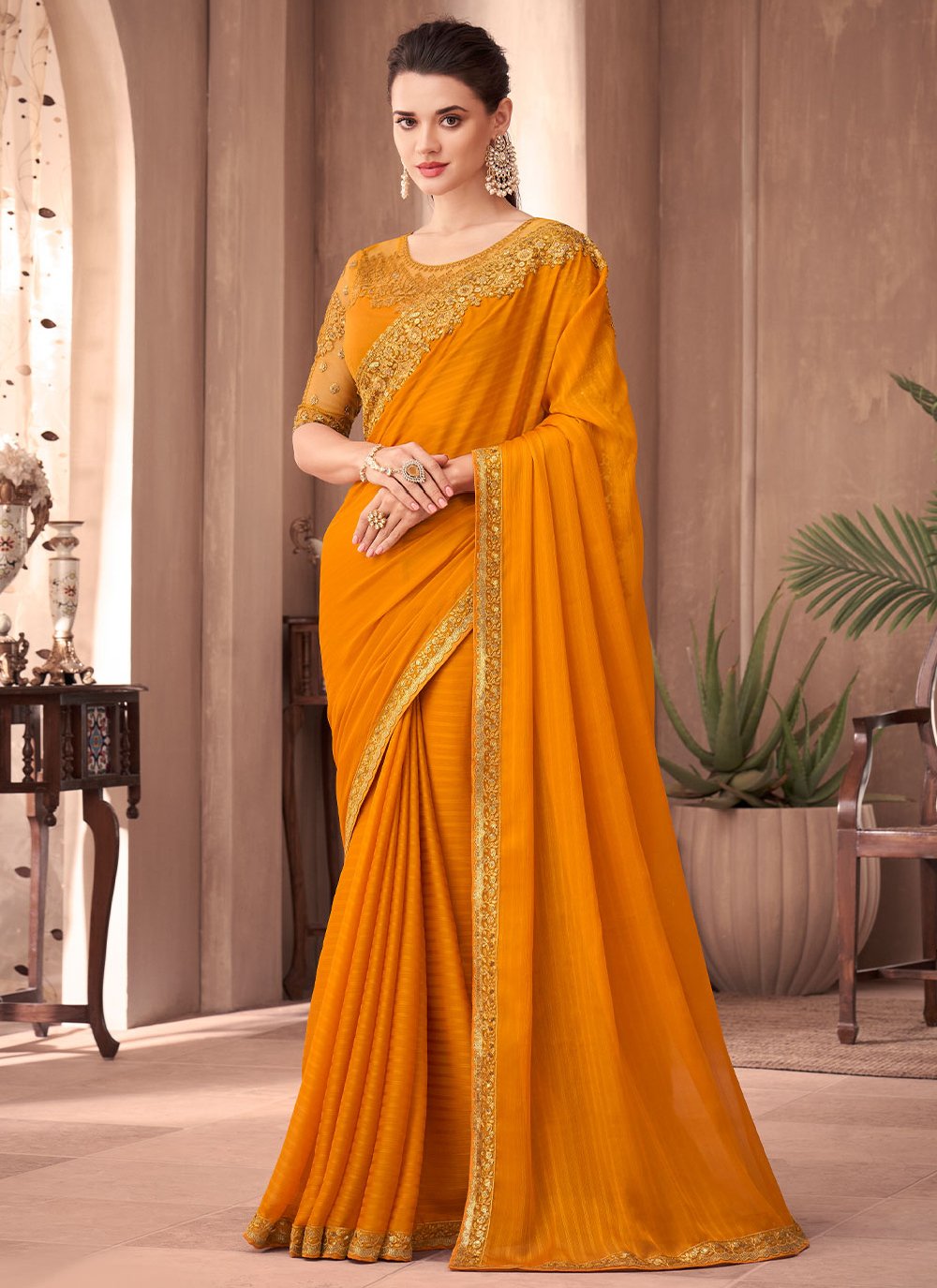 Contemporary Silk Orange Embroidered Saree