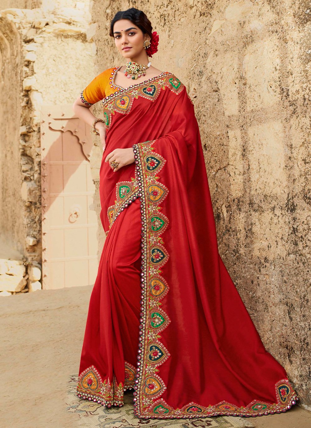 Classic Silk Orange Embroidered Saree