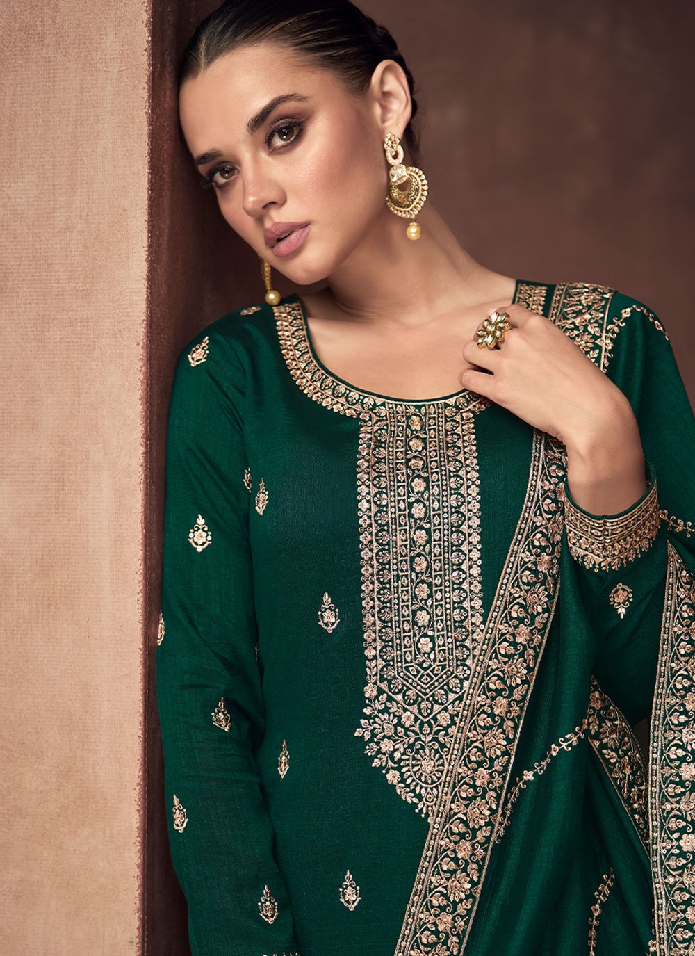 Palazzo Salwar Suit Silk Green Embroidered Salwar Kameez