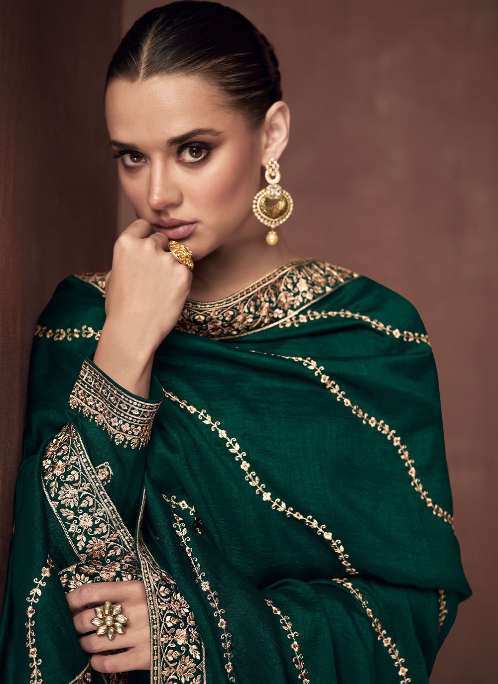 Palazzo Salwar Suit Silk Green Embroidered Salwar Kameez