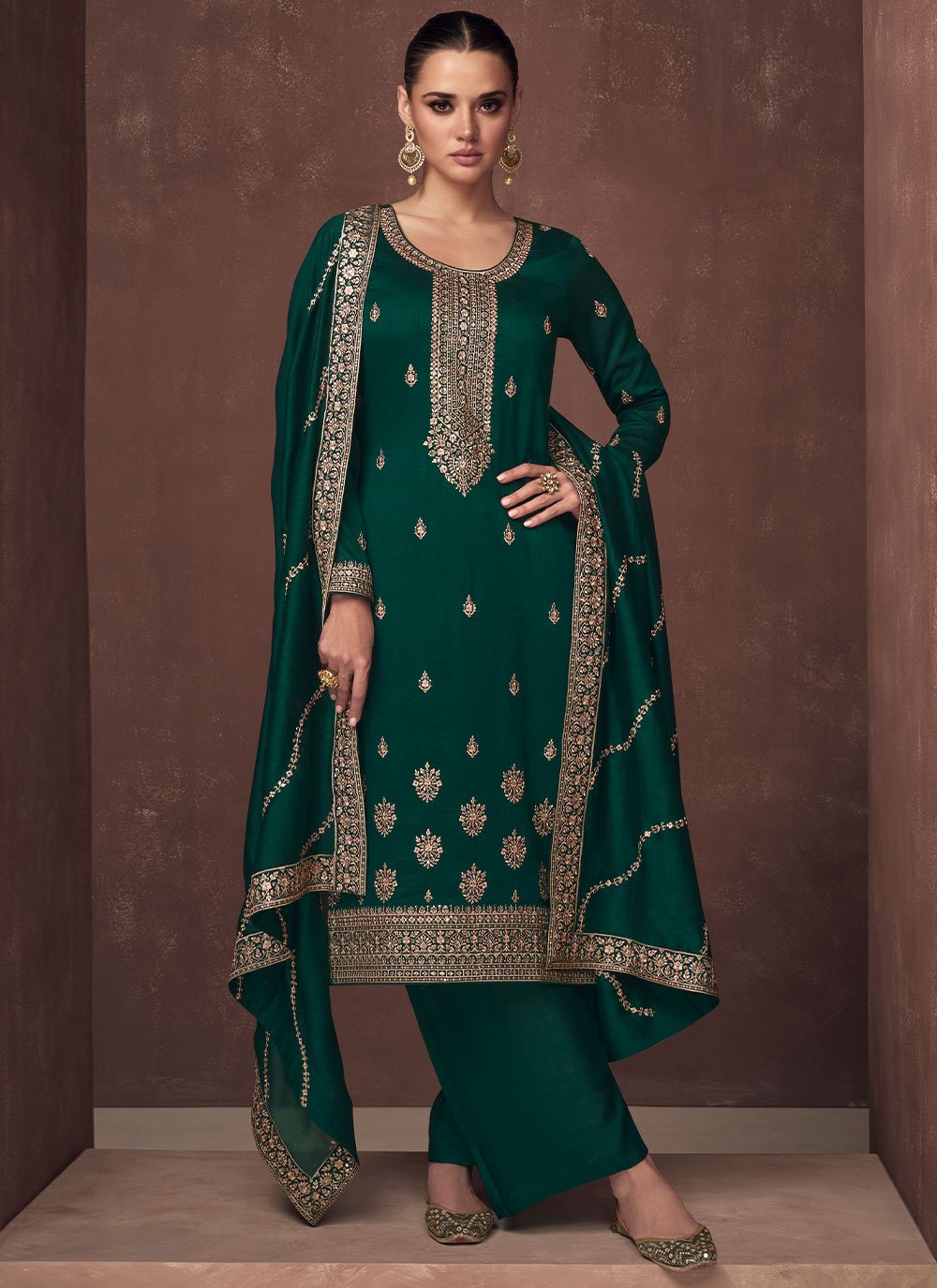 Palazzo Salwar Suit Silk Green Embroidered Salwar Kameez