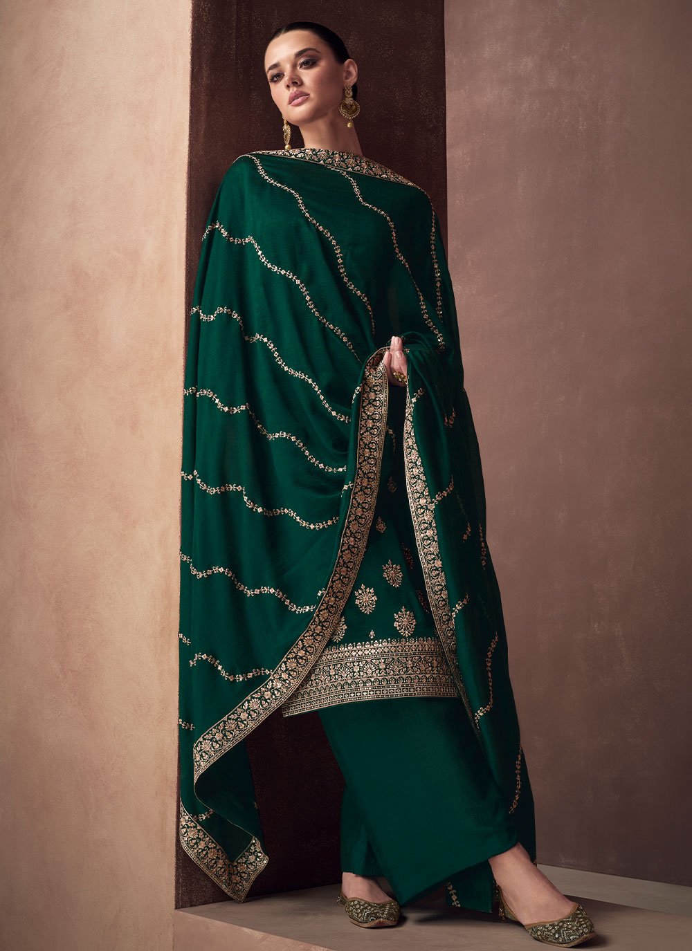 Palazzo Salwar Suit Silk Green Embroidered Salwar Kameez