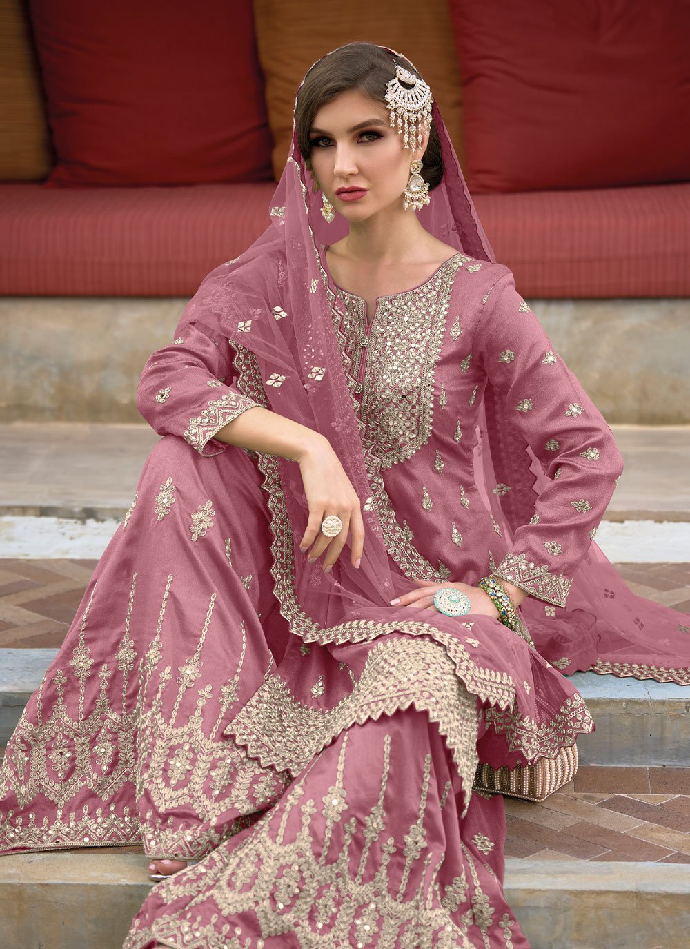 Palazzo Salwar Suit Silk Mauve Embroidered Salwar Kameez