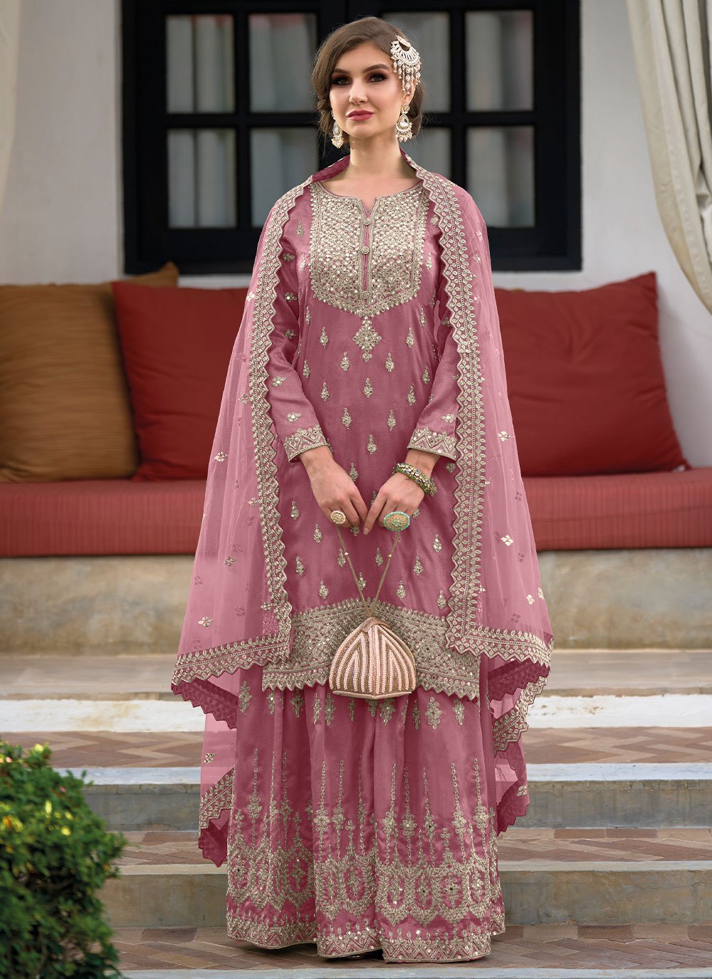 Palazzo Salwar Suit Silk Mauve Embroidered Salwar Kameez