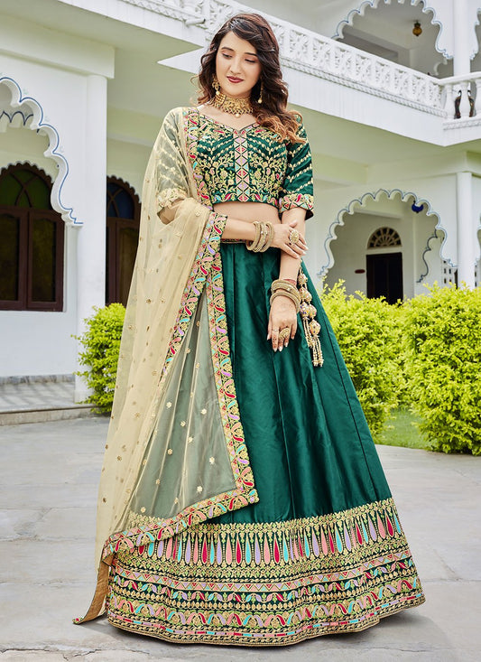 A Line Lehenga Silk Green Embroidered Lehenga Choli