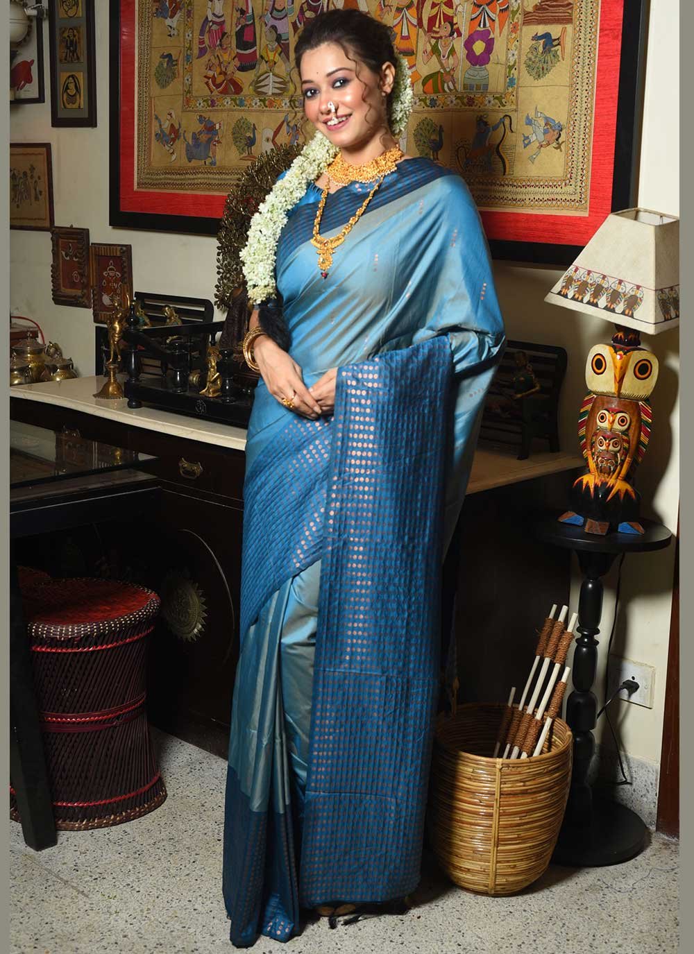 Designer Silk Aqua Blue Woven Saree