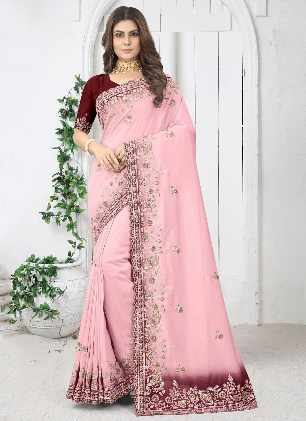 Designer Silk Pink Aari Work Saree