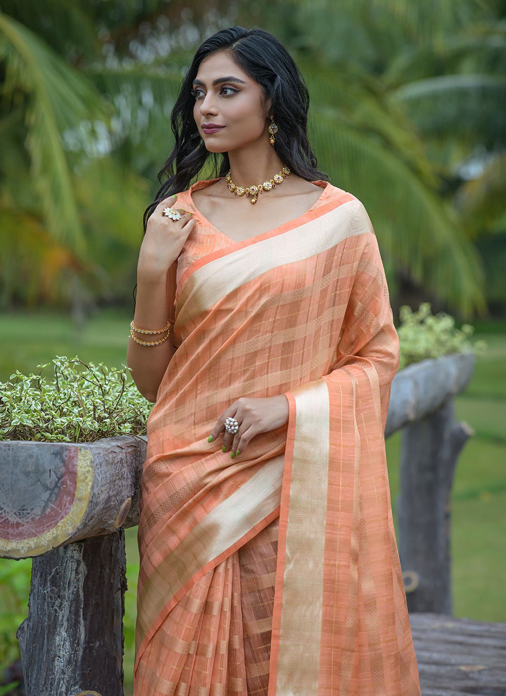 Trendy Saree Organza Silk Orange Strips Print Saree