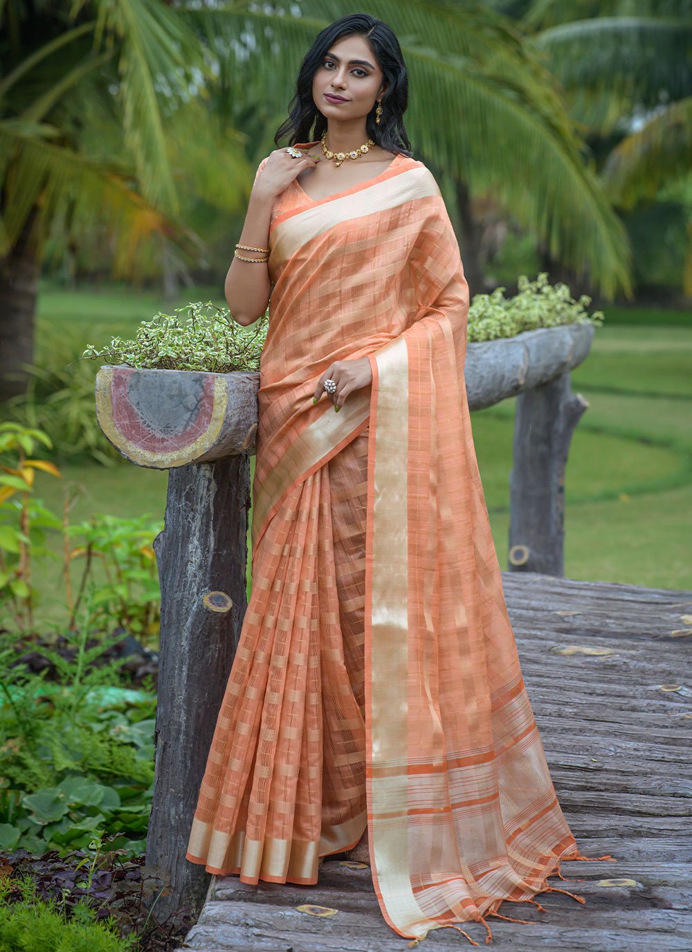 Trendy Saree Organza Silk Orange Strips Print Saree