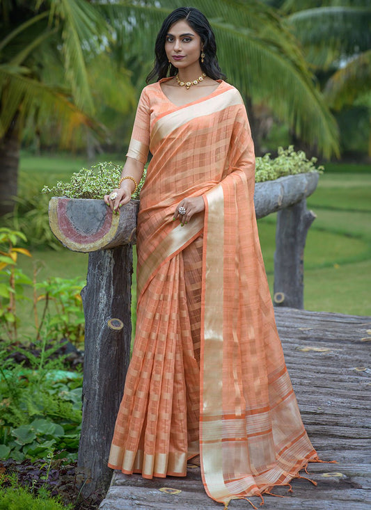 Trendy Saree Organza Silk Orange Strips Print Saree