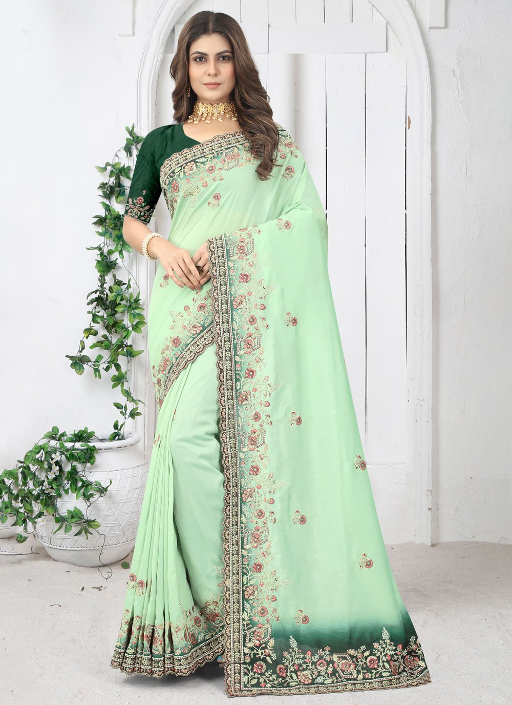 Trendy Saree Silk Green Diamond Saree