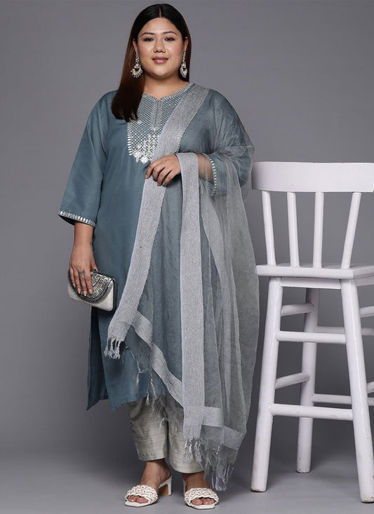 Party Wear Kurti Silk Grey Embroidered Kurtis