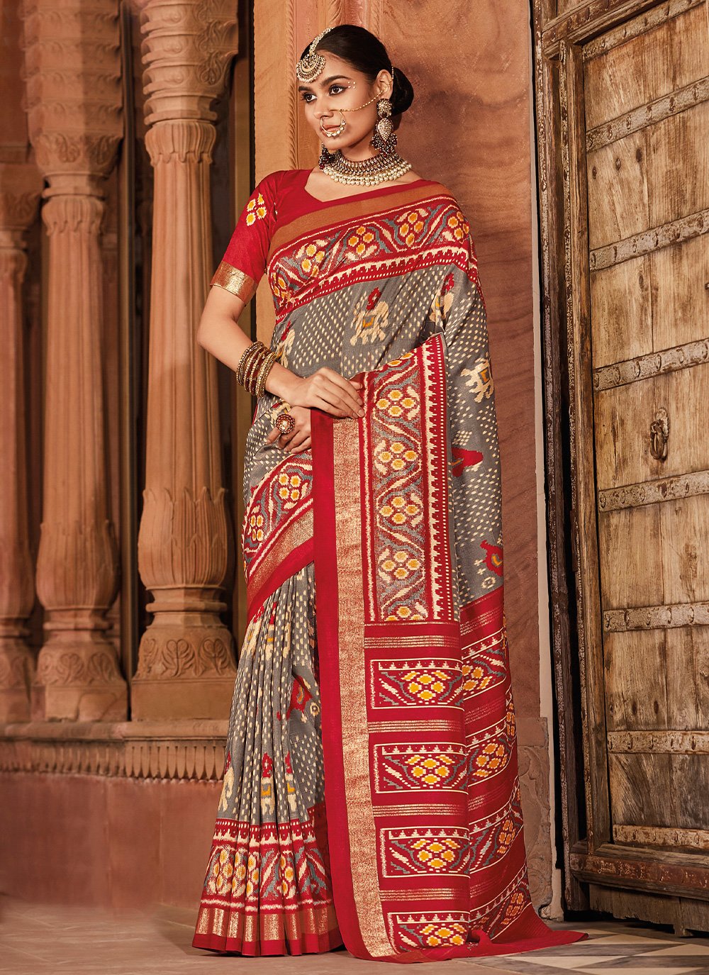 Contemporary Silk Crimson Red Patola Print Saree