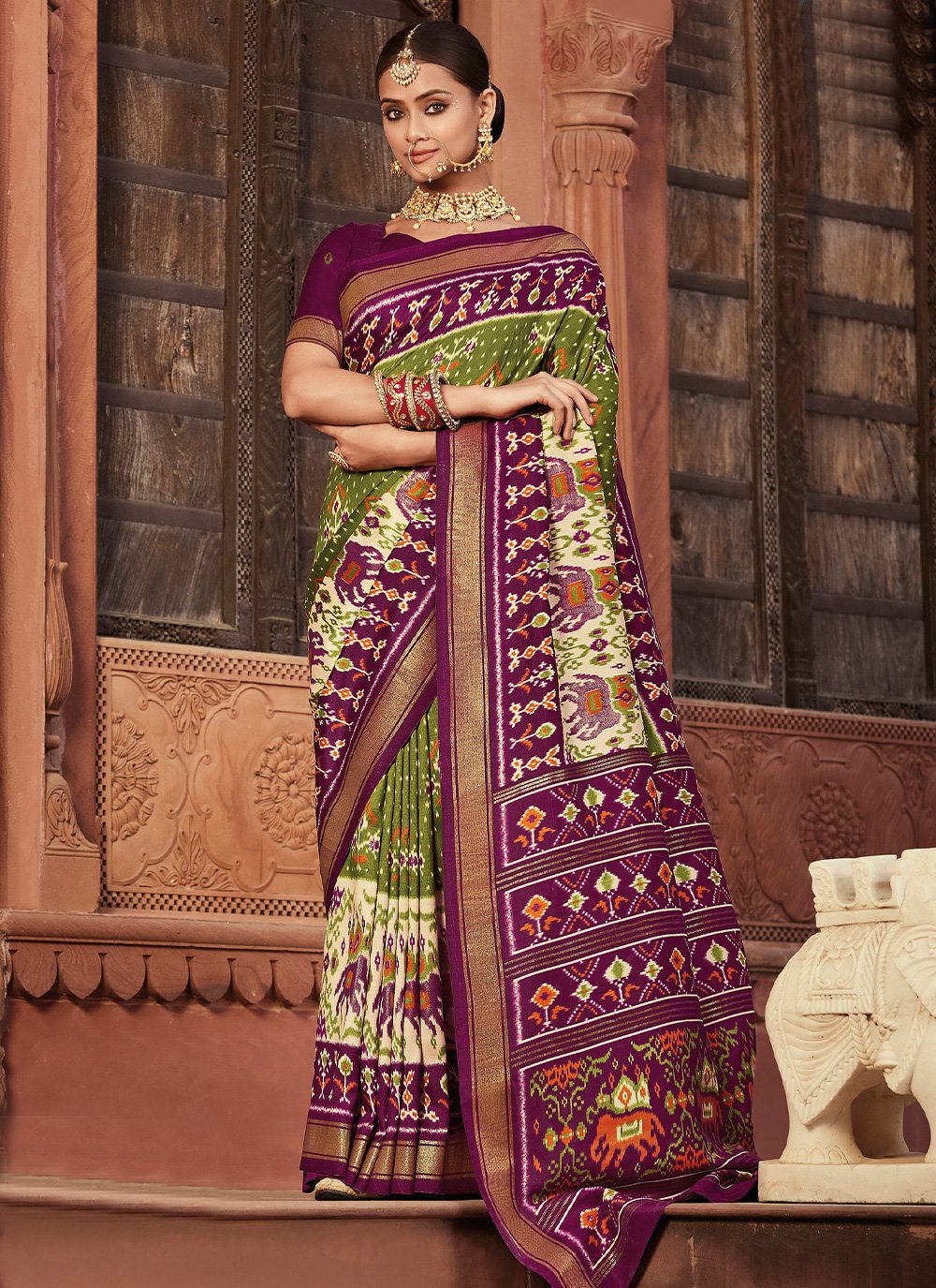 Contemporary Silk Green Purple Patola Print Saree