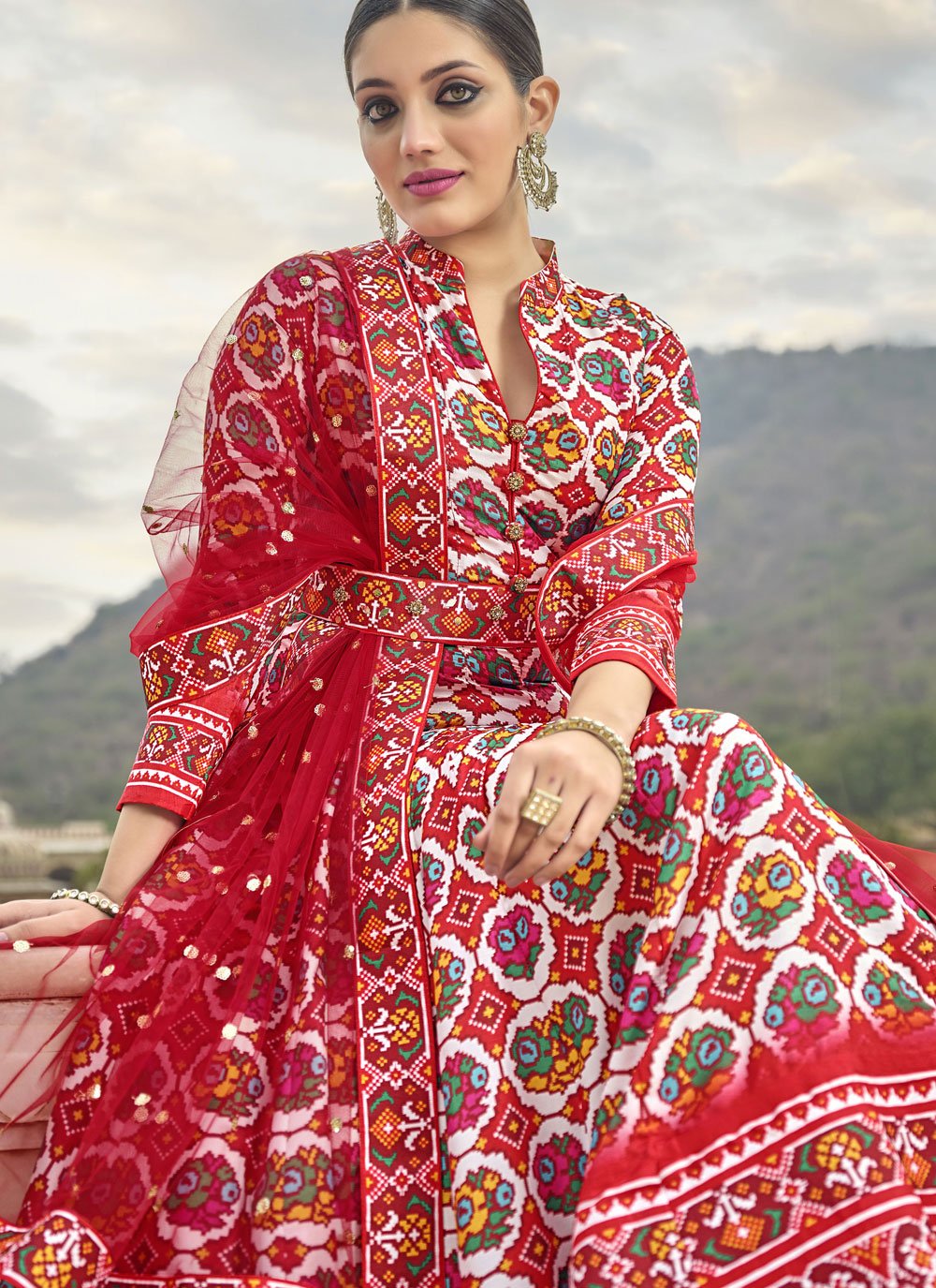 Gown Silk Red Patola Print Gown