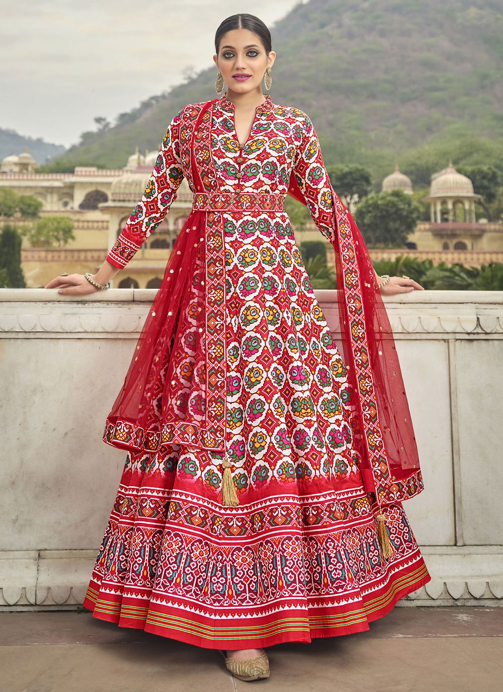 Gown Silk Red Patola Print Gown