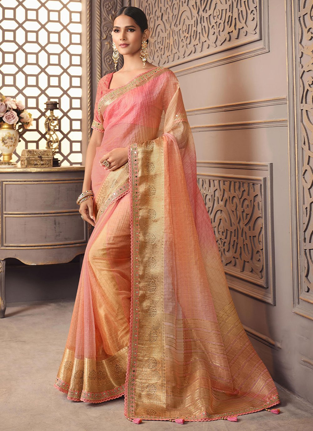 Classic Organza Silk Peach Pink Embroidered Saree