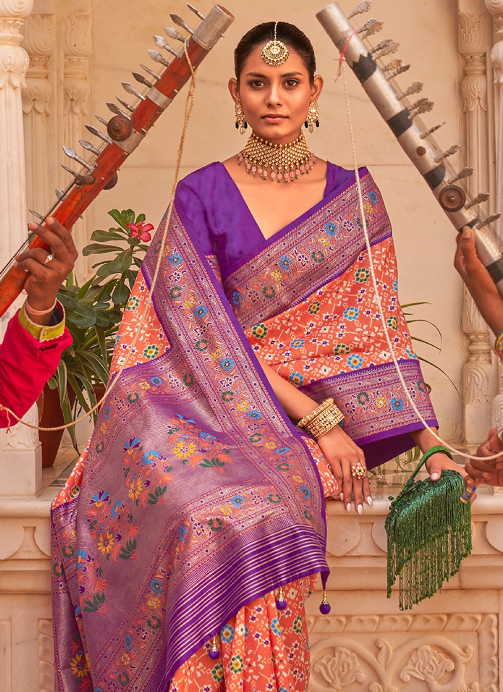 Contemporary Silk Peach Purple Patch Border Saree